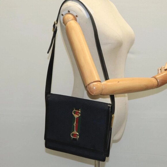 GUCCI GG Canvas Web Sherry Line Horsebit Shoulder Bag Black Red Green - Picture 15 of 16